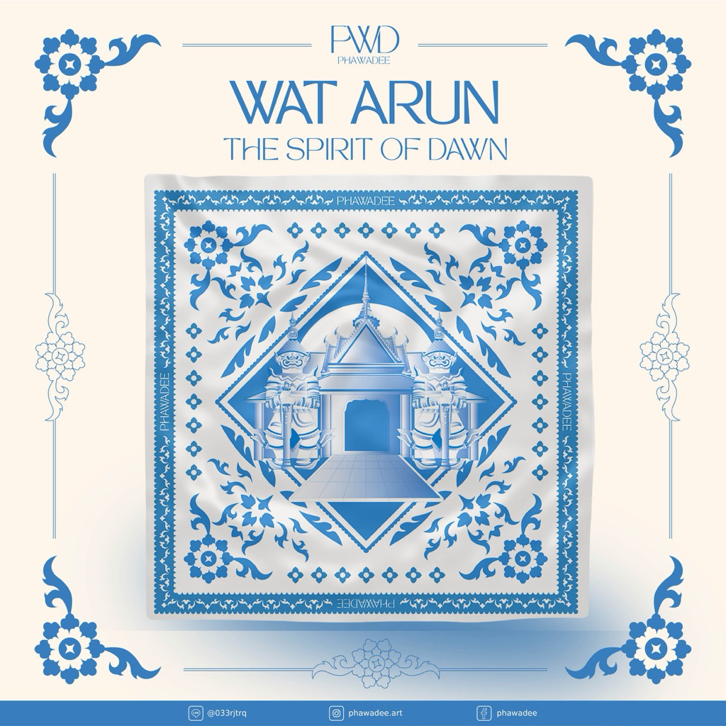 Wat Arun: The Spirit of Dawn ผ้าพันคอ/ผ้าโพกหัว (Wat Arun) ขนาด 90x90 cm (เนื้อผ้าซาติน)
