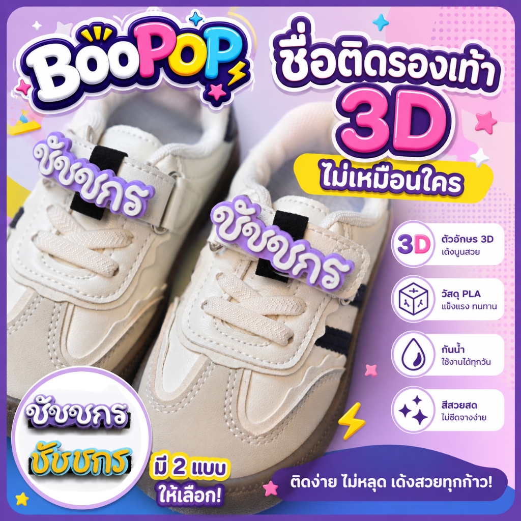 BooPOP ชื่อติดรองเท้านักเรียน รองเท้าผ้าใบ แบบ 3D ใส่ชื่อภาษาไทย อังกฤษ และภาษาอื้นๆ ได้ ติดง่าย กันน้ำ ไม่เหมือนใคร