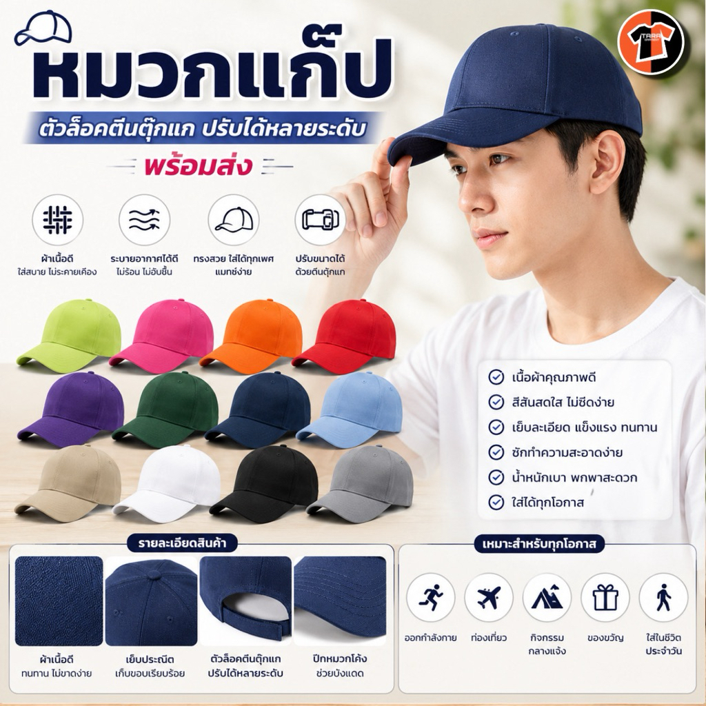 ขายส่ง หมวกแก๊ป แคนวาส ตัวล็อคตีนตุ๊กแก ปรับระดับได้ ขายถูก ครึ่งโหล เลือกสีได้