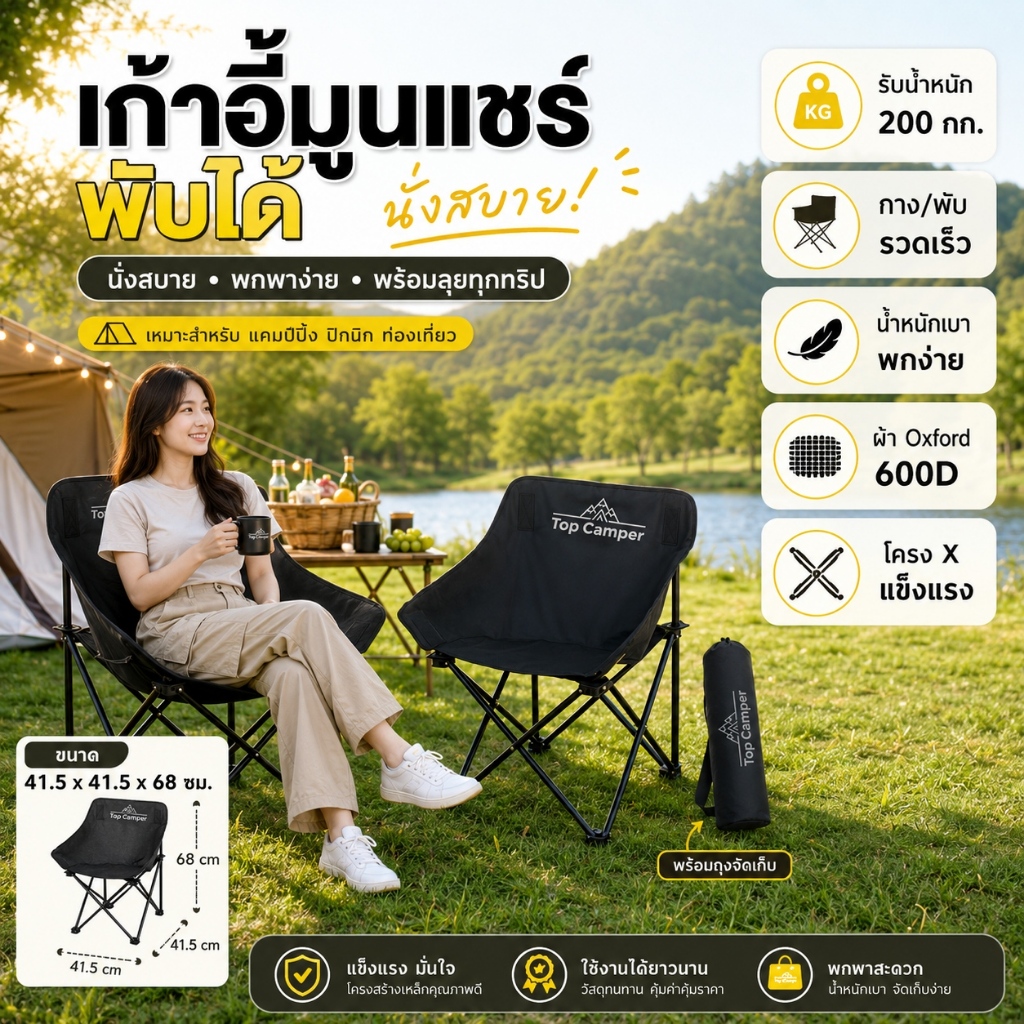 2026 Topcamper เก้าอี้แคมป์ปิ้ง เก้าอี้ดวงจันทร์ เก้าอี้พับกลางแจ้ง พับได้1วินาที รองรับ 200KG ฟรีถุงเก็บ