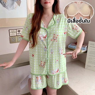 🔥ชุดนอนมีถ้วยรองอก ไซส์ใหญ่ L-4XL ผู้หญิง แขนสั้นขาสั้น ผ้านุ่ม ลายสุนัขดัชชุน สไตล์เกาหลี ใส่สบาย ครอบคลุมอก 42-52 นิ้ว