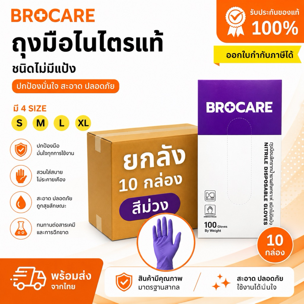 สุดคุ้ม! ถุงมือยางไนไตร สีม่วง (ยกลัง10 กล่อง) ชนิดไม่มีแป้ง สัมผัสอาหารได้ ไม่ติดขึ้ยาง พร้อมส่ง