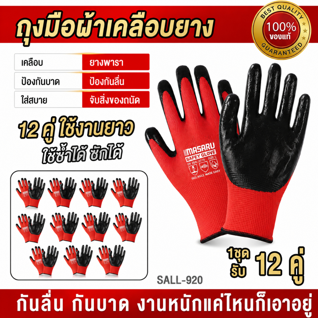 แพ็ค (12คู่ ) ถุงมือเคลือบยาง ถุงมือกันของมีคมบาด ถุงมือทำงาน ทำสวน กันลื่น กันบาด
