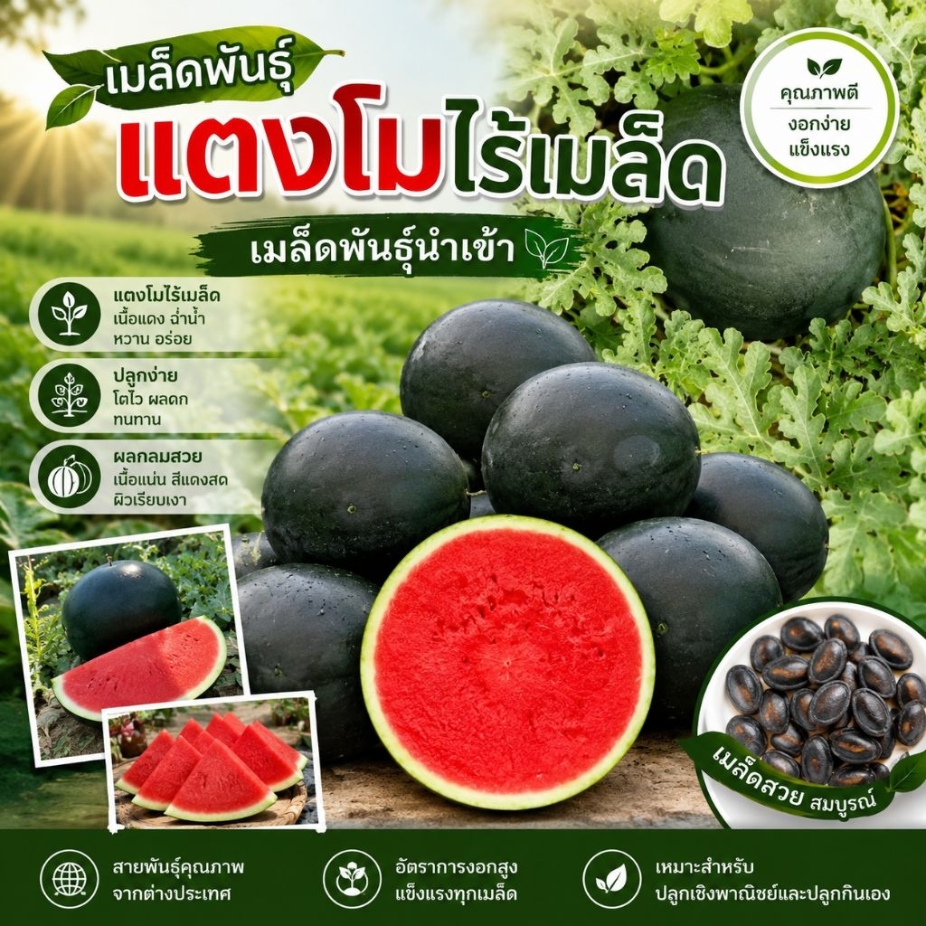 เมล็ดพันธุ์แตงโมไร้เมล็ดสายพันธุ์ผลสวย เนื้อแดงสด ฉ่ำน้ำ หวานอร่อย