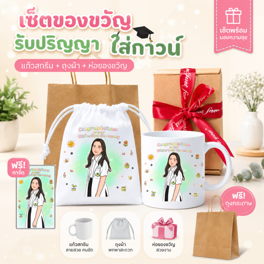 แก้วสกรีนรูป + ถุงผ้าสกรีน พร้อมกล่องของขวัญ ฟรีการ์ด ถุงกระดาษ ของขวัญวันเกิด วันรับปริญญา ให้แฟน คนพิเศษ – โปรปัง