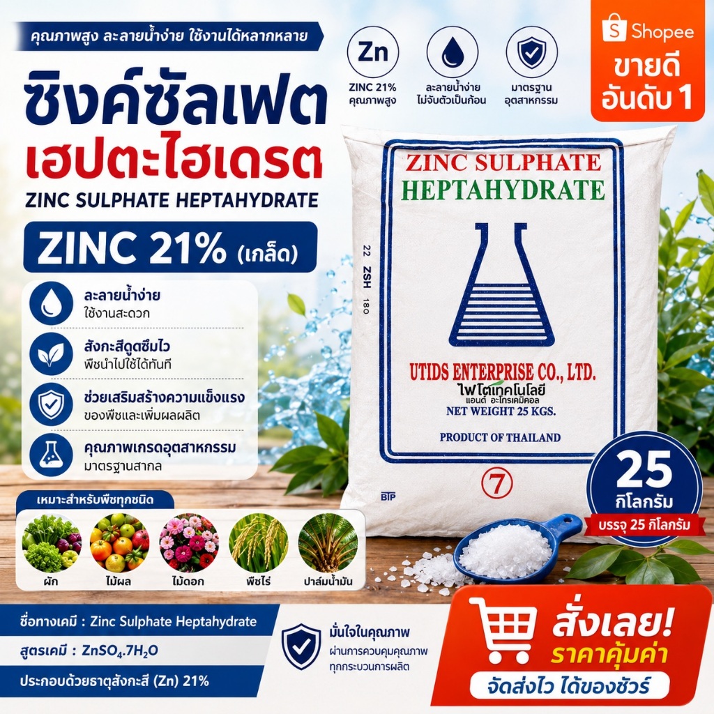 ซิงค์ซัลเฟต เฮปตะไฮเดรต สังกะสีซัลเฟตUTIDS(แบบเกล็ดน้ำตาล Zn 21%)ZnSO4.7H2O Zinc Sulphate Heptahydra