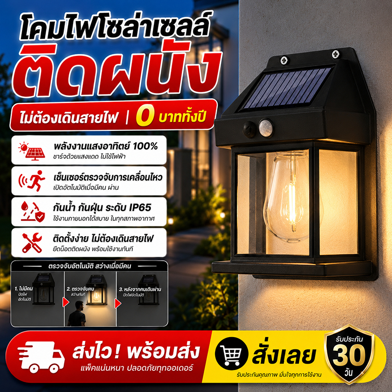 【พร้อมส่ง】ไฟติดผนัง โซล่าเซลล์ มีเซ็นเซอร์ ปรับได้3โหมด ไฟติดผนังกันน้ำฝน ไฟสวน Solar Light เปิดปิดอัตโนมัติ ติดตั้งง่าย