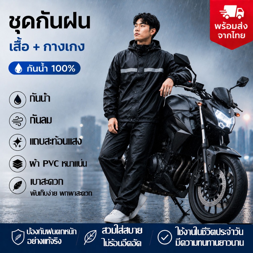 กันน้ำ 100% ปกป้องทั้งตัว เสื้อกันฝนมอเตอร์ไซค์ พร้อมแถบสะท้อนแสง ชุดเสื้อกันฝนผู้ใหญ่ เสื้อ+กางเกง