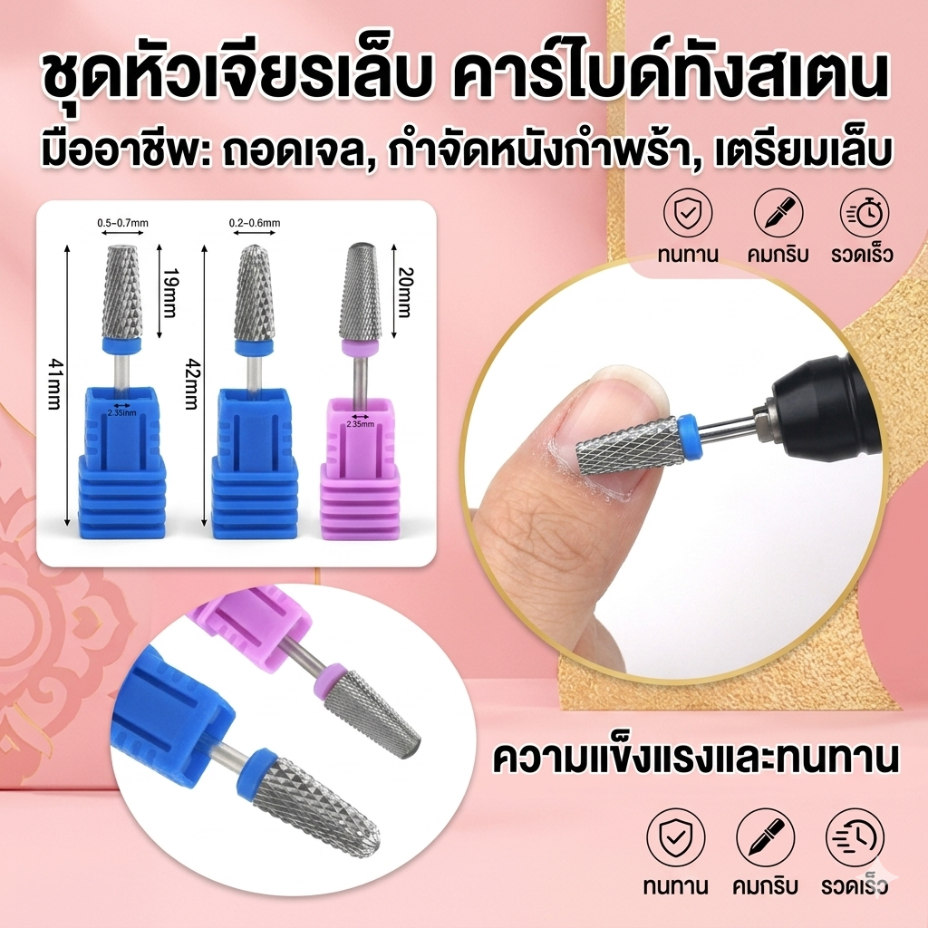 Majikku หัวเจียรเล็บ คาร์ไบด์ เหล็กสเตนสีเงิน ไม่ร้อนหน้าเล็บ ทนมาก หัวเจียรเล็บ Nail Drill Bits