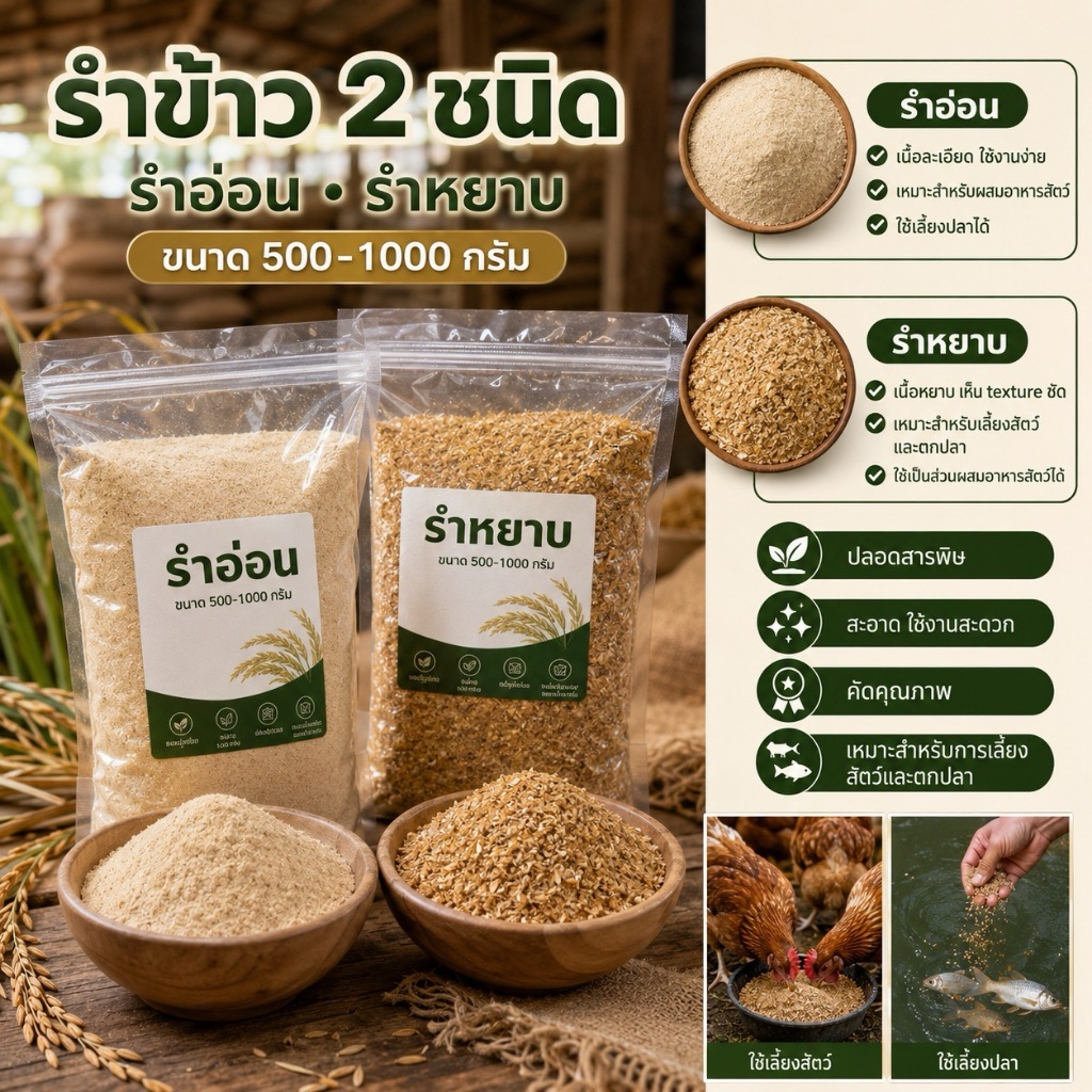 รำข้าวธรรมชาติ รำอ่อนละเอียด รำหยาบเนื้อดี 500-1000 กรัม สำหรับสัตว์เลี้ยง ปลา