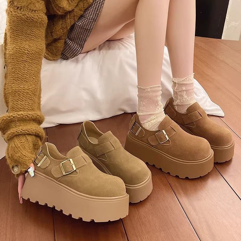 Hellomyshoes G34 รองเท้าแฟชั่นเกาหลี สุดน่ารัก ทนทาน แข็งแรง หนังนิ่ม ผ้ากำมะหยี่ มินิมอล พร้อมส่งจากไทย เสริมสูง 6 CM.