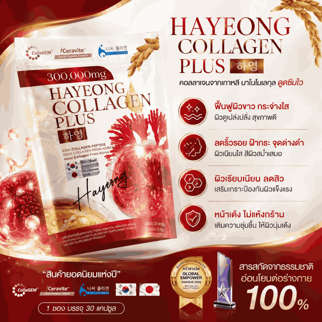 ส่งฟรี [1 แถม 1] HAYEONG Collagen Plus คอลลาเจนพรีเมียม ดูแลผิวชุ่มชื้น ผิวดูเรียบเนียน ทานง่าย