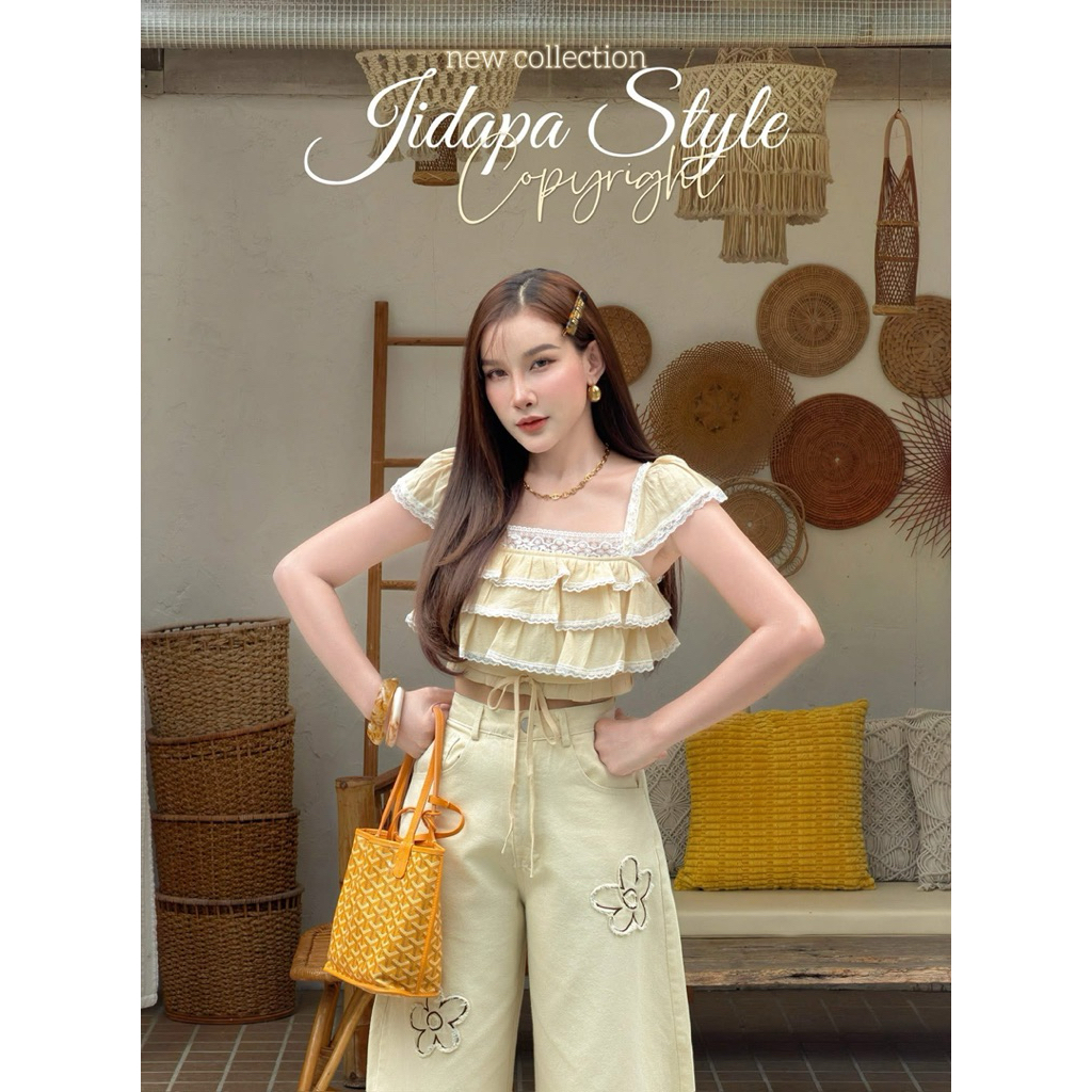 🌹New🍒 Tag 🏷️  Jidapa Style ชุดเซ็ตเสื้อครอประบาย+ยีนส์ขายาวทรงบาร์เรล มือ 1 ⭐️🌹 Sz.[L]