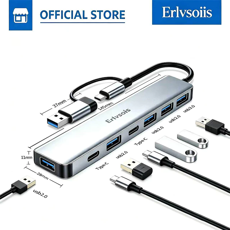 Erlvsoiis 7in1 USB Hub PD ชาร์จ Type-C HUB สําหรับ แล็ปท็อป/เดสก์ท็อป/โทรศัพท์ USB3.0+4xUSB2.0+2xTypeC