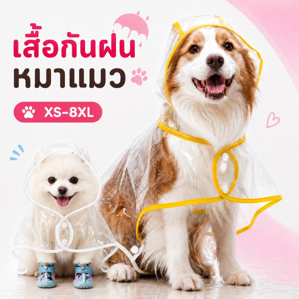 เสื้อกันฝนสุนัข เสื้อกันฝนแมว วัสดุโปรงใส กันฝน ได้ดี มีขอบสีให้เลือกมากมาย รองรับถึง 95 cm