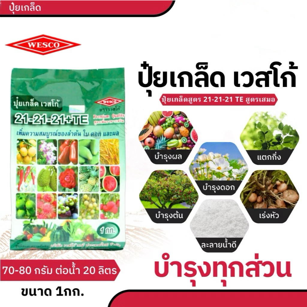ปุ๋ยเกล็ด เวสโก้21-21-21 ฉีดพ่นทางใบ ปุ๋ยทางใบ บำรุง ราก ต้น ใบ เร่งดอก บำรุงผล เร่งสี เพิ่มหวาน น้ำหนัก ขนาด 1 กก.