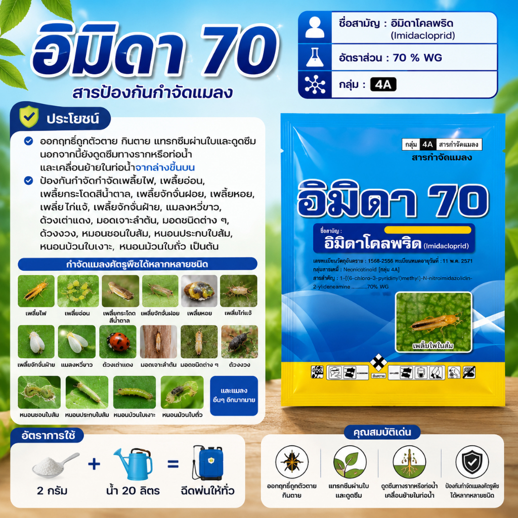 อิมิดา-70 ขนาด 100 กรัม สารป้องกันกำจัดแมลง ป้องกันกำจัดกำจัดเพลี้ยไฟ, เพลี้ยอ่อน,