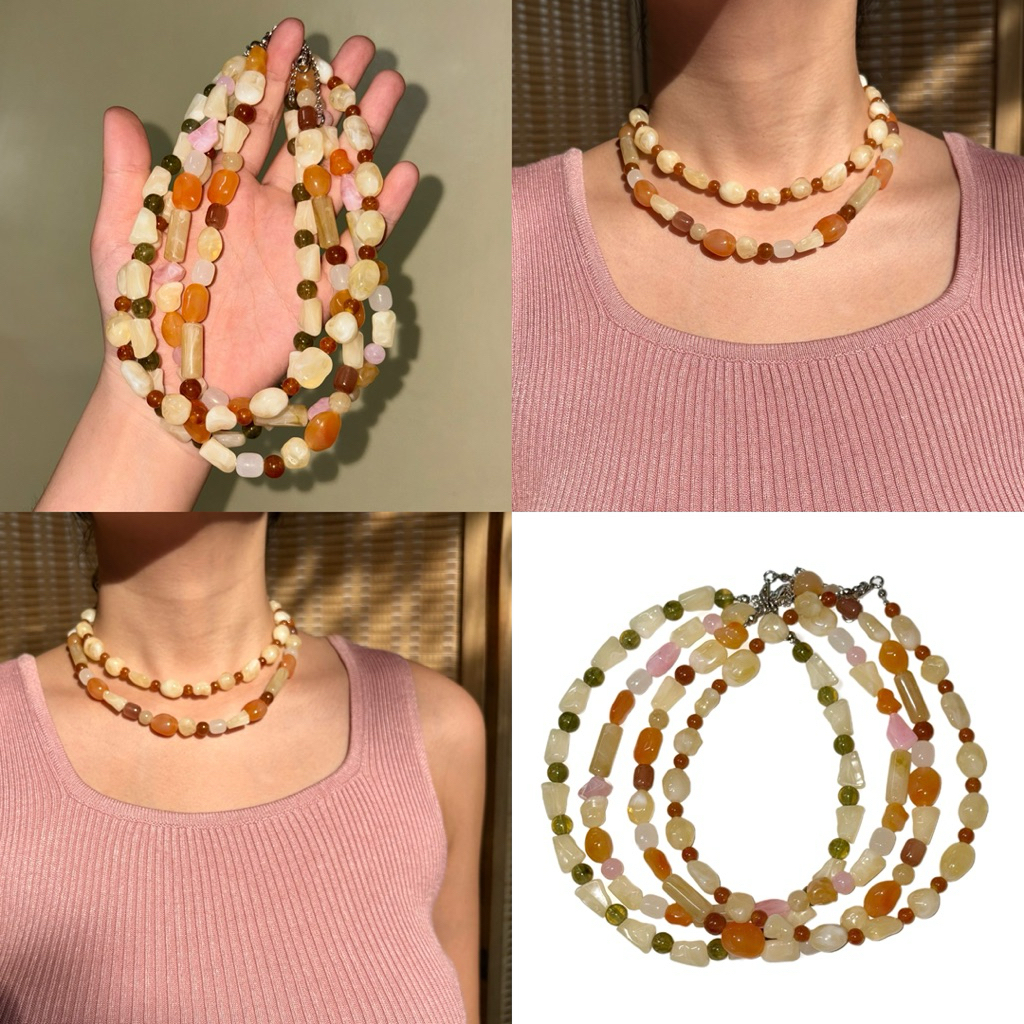 Piing me Necklace | สร้อยคอลูกปัดหินเทียมรูปทรงต่างๆโทนสีครีม