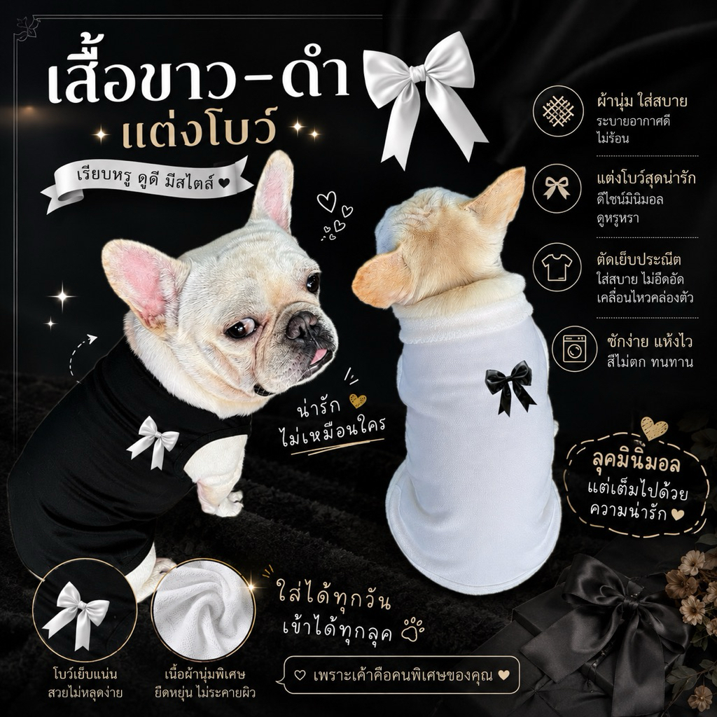 🇹🇭งานไทย🇹🇭 เสื้อหมา เสื้อแมว โทนขาว–ดำ แต่งโบว์สุดน่ารัก เนื้อผ้าคอตตอน 100% นุ่มสบาย ไม่ร้อน