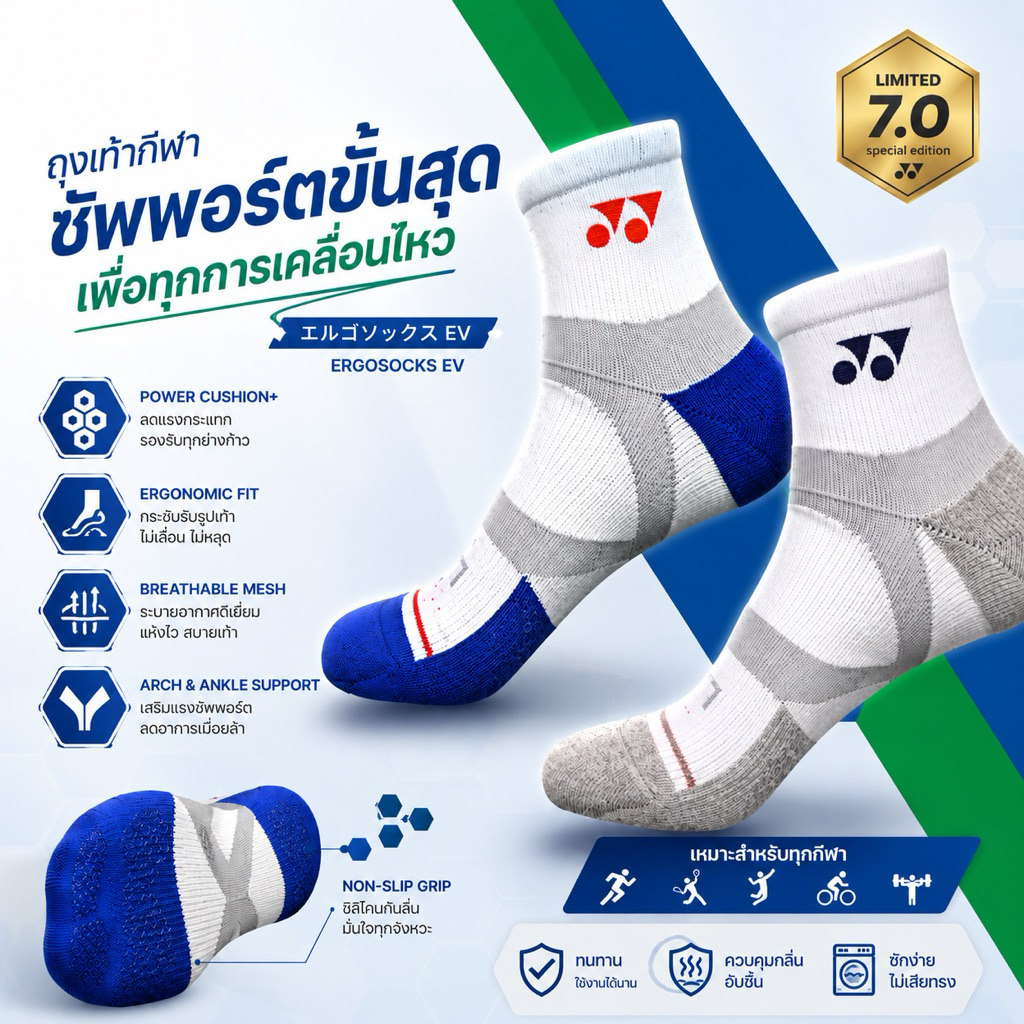 ถุงเท้ากีฬา (มีปุ่มกันลื่น) แบดมินตัน เทนนิส Yonex โยเนก