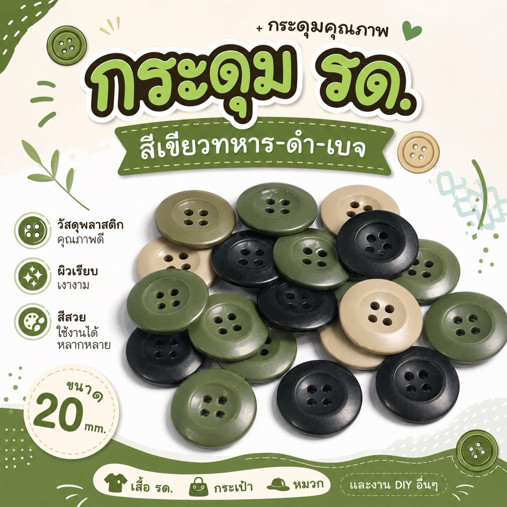 (12 เม็ด)กระดุม รด. กระดุมเสื้อเชิ้ต 20มม.