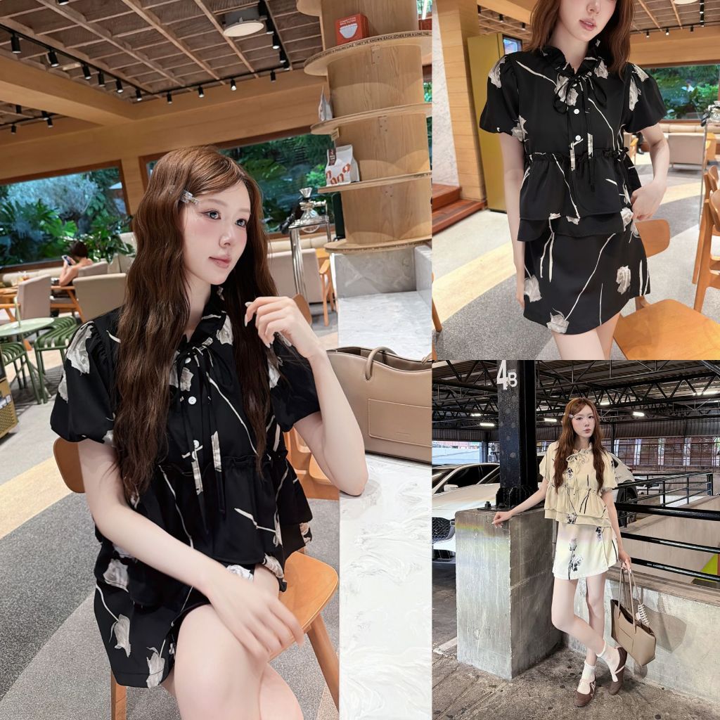 ส่งด่วน🚨 SLYQ SOSHA PRINTED SHIRT & SKORTS SET ชุดเซ็ตเสื้อเชิ้ตแขนสั้นคอผูกโบว์  และ กระโปรงกางเกง