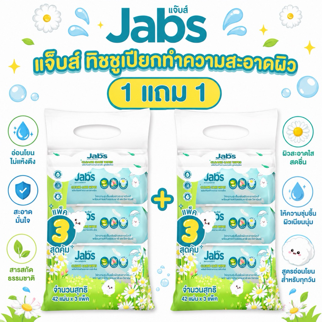 1 แถม 1 [หิ้ว] JABS แจ๊บส์ ผ้าเปียกสำหรับเช็ดทำความสะอาด บรรจุหิ้วละ 3 ห่อ x 42 แผ่น หนานุ่ม อ่อนโยน สะอาด ปลอดภัย