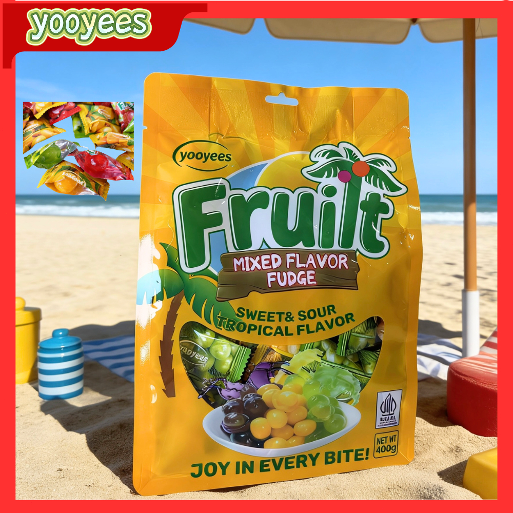 Yooyees ลูกอมฟัดจ์รสผลไม้รวม 400 กรัม ลูกอมรสเปรี้ยวหวานแบบเขตร้อน ลูกอมนุ่มรสผลไม้รวม