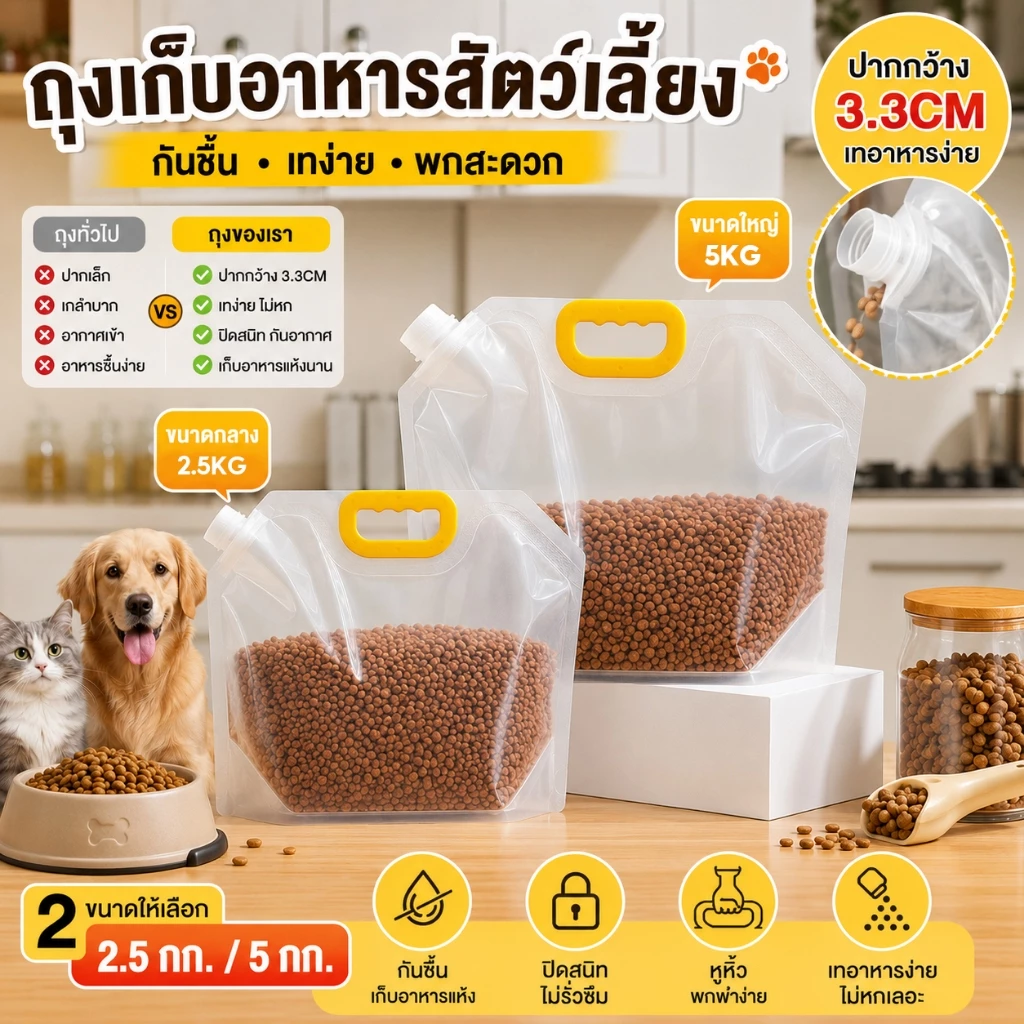 ถุงเก็บอาหารสัตว์เลี้ยง กันชื้น พร้อมหูหิ้ว ปากเทกว้าง 3.3CM ปิดสนิท ใช้ซ้ำได้ สำหรับอาหารแมวและสุนัข 2.5/5KG