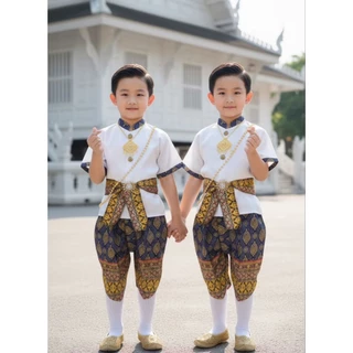 ชุดไทยเด็กชาย3ชิ้น เสื้อคอจีนผ้าซาร่า+โจงกระเบนเอวสม็อคผ้าคอตตอนพิมพ์ทอง+ผ้าคาดเอว