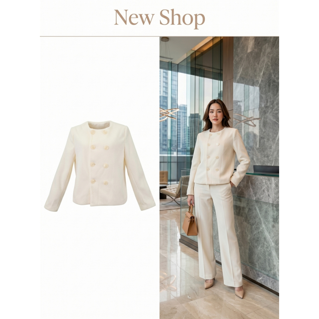 เสื้อคลุมทรงตรง แขนยาว เสื้อคลุมทำงานผู้หญิง สีครีมขาว ผ้าขนแกะเทียม