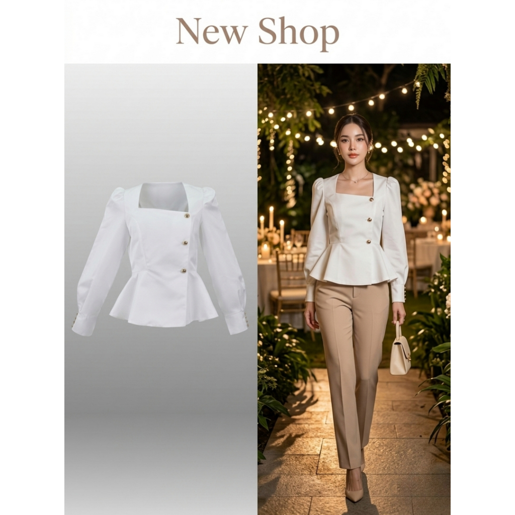 เสื้อคอเหลี่ยม ผู้หญิงแขนยาว สีขาว เข้ารูปชายระบาย ทรงสุภาพเก็บสัดส่วน