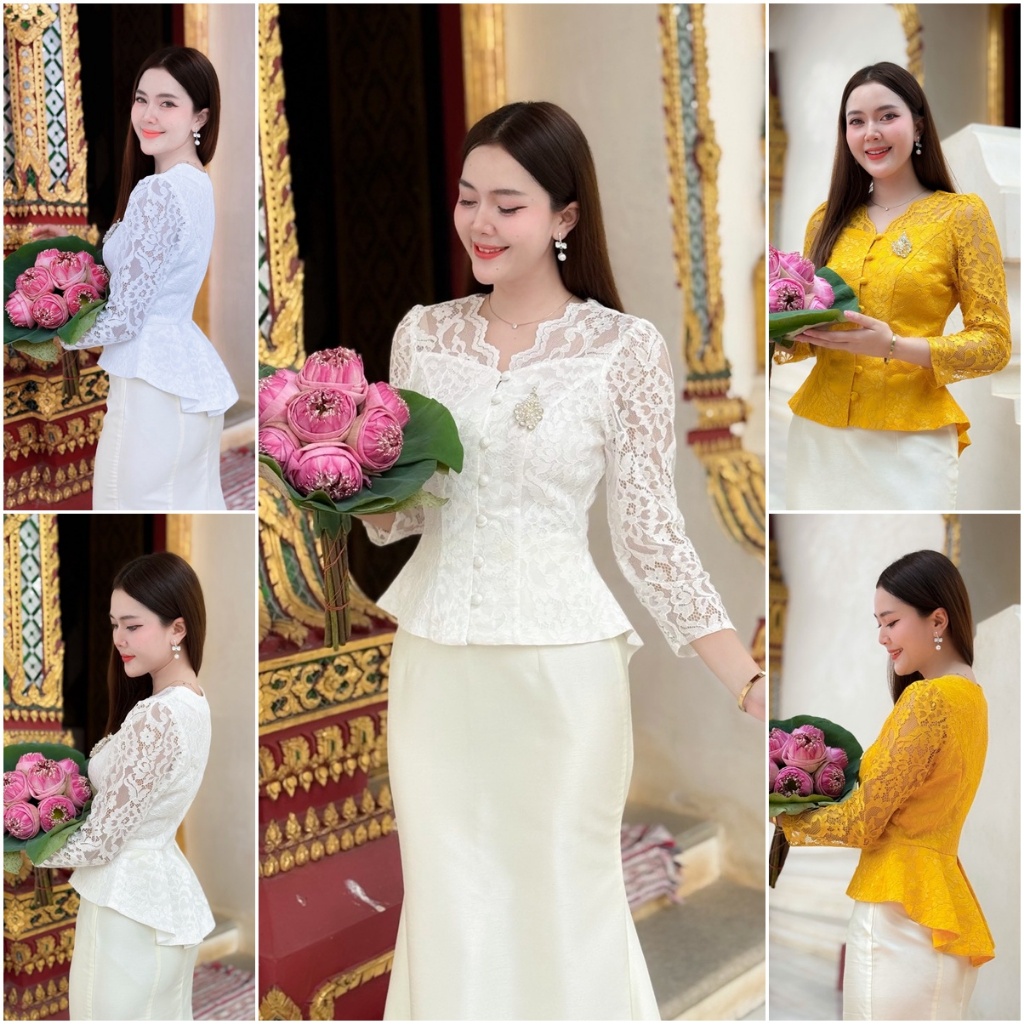 เสื้อรุ่น-พลอยไพลิน (K) ดีไซน์สุดเก๋ ระบายด้านหลัง กระดุมหน้าแกะได้  ใส่ออกงาน งานบุญ งานบวช งานแต่ง เรียบหรู