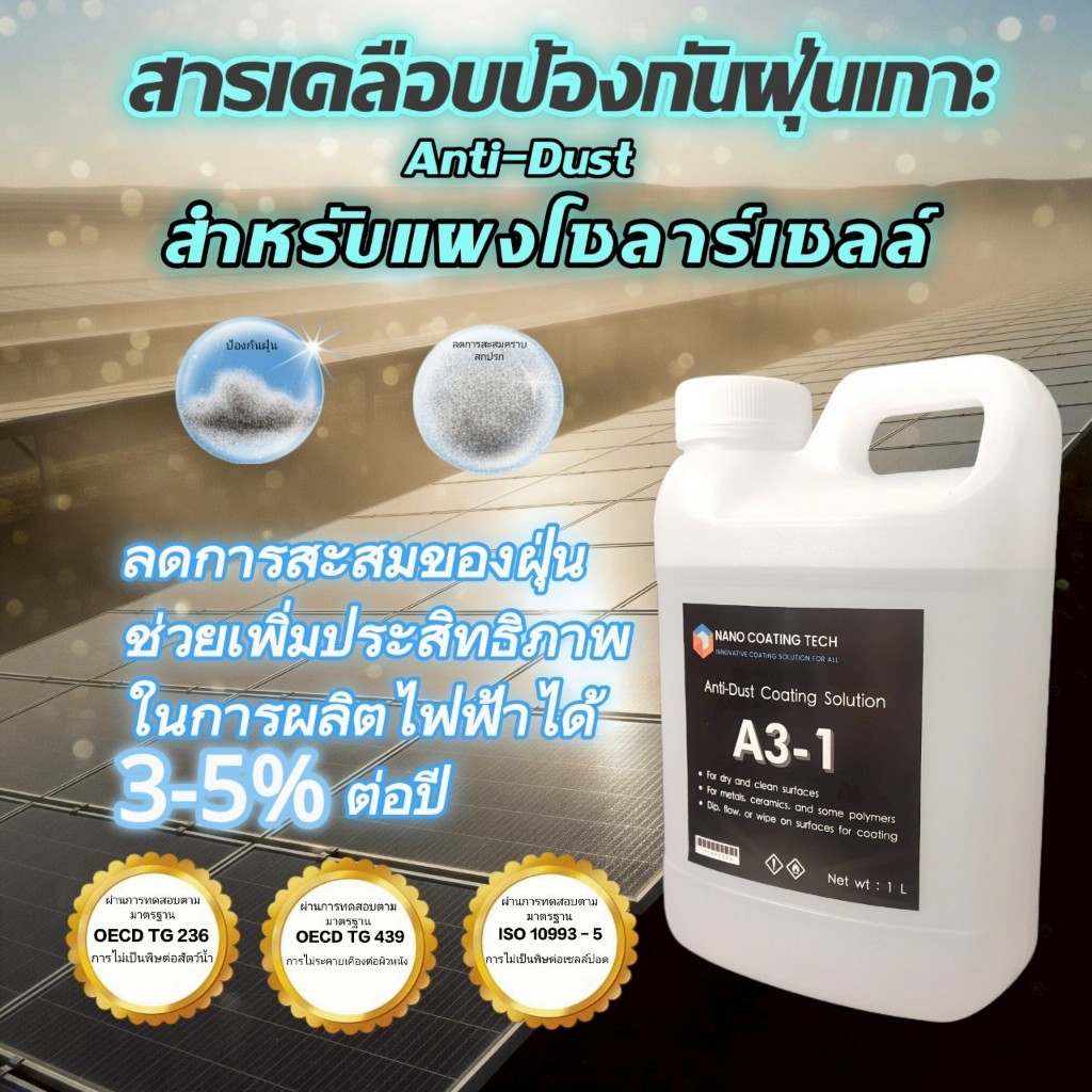 น้ำยาเคลือบแผงโซลาร์เซลล์ ป้องกันฝุ่นเกาะ ช่วยเพิ่มประสิทธิภาพโซลาร์เซลล์ ปลอดภัยต่อผู้ใช้