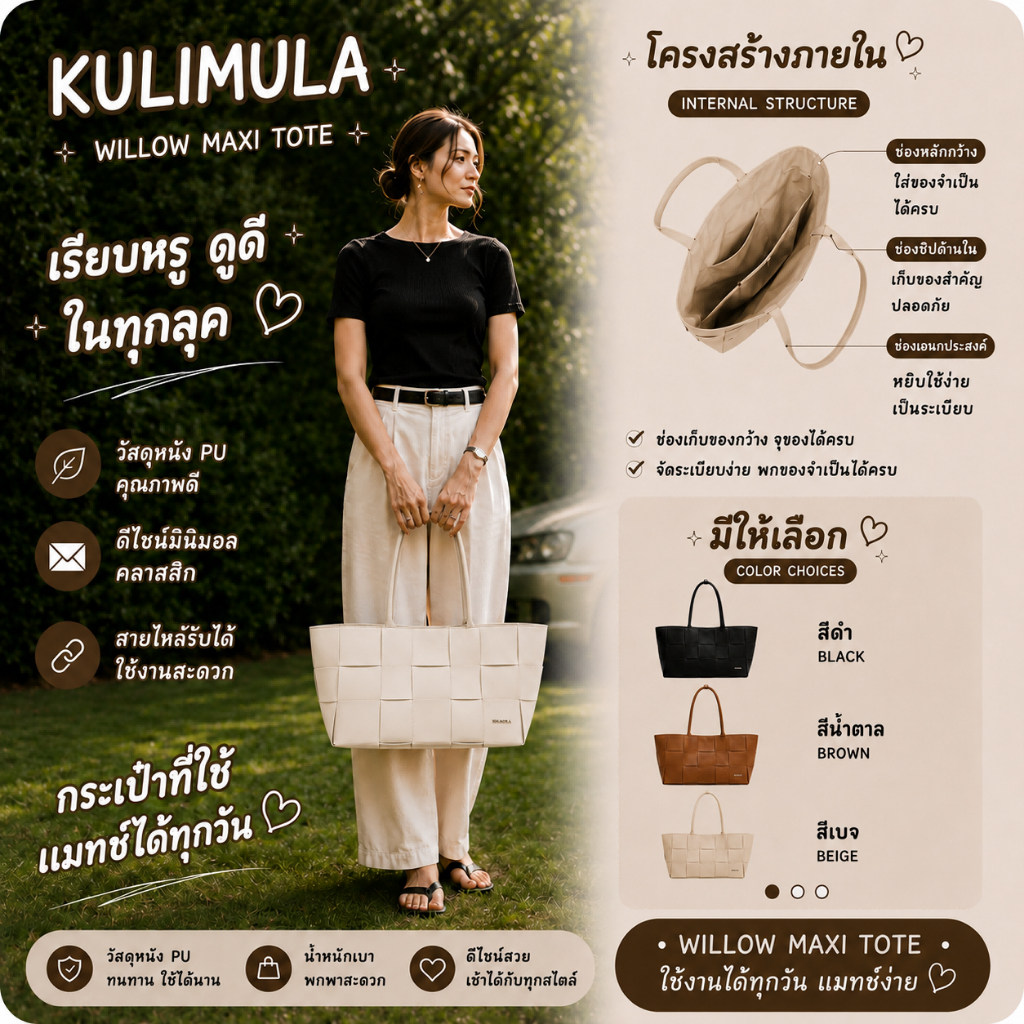 KULIMULA WILLOW MAXI TOTE BAG กระเป๋าแบรนดังไอจ ความจุขนาดใหญ่ กระเป๋าสะพายไหล PU กระเป๋าสาน