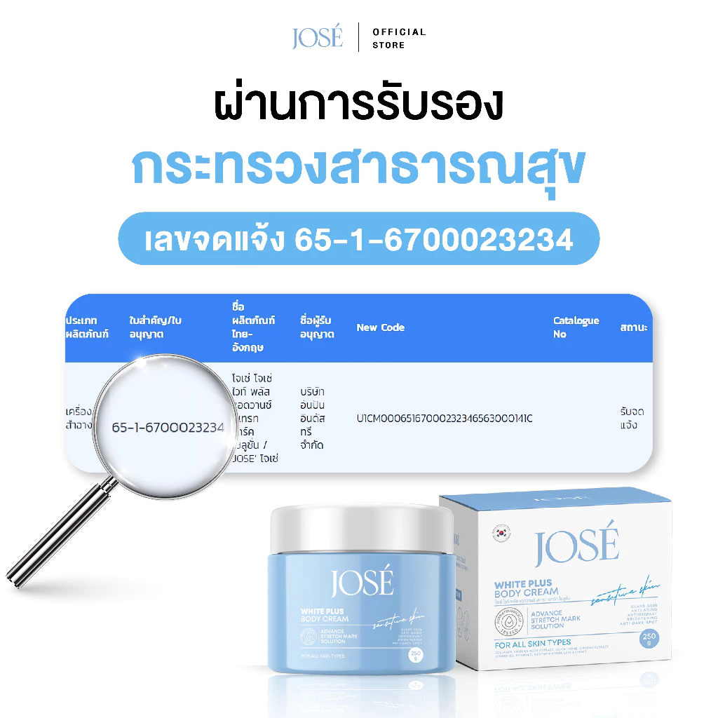[บริษัทโดยตรง] - JOSE WHITE PLUS BODY CREAM ครีมโจเซ่ ไวท์ พลัส ครีมบำรุงผิวกาย ขนาด 250 กรัม (แพ็กเกจใหม่) thumbnail 6
