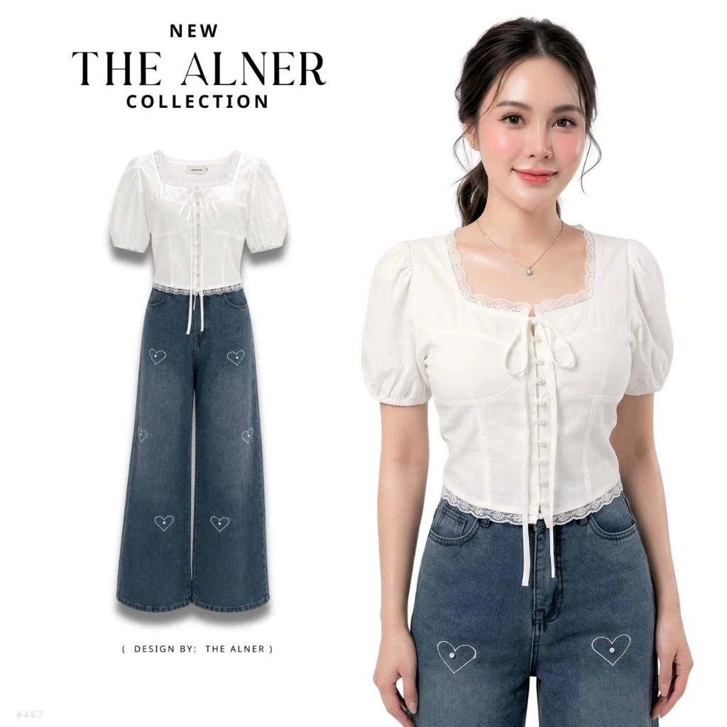 Thealner-AN467 (เซตเสื้อขาวแขนตุ๊กตากระดุมหน้ากางเกงยีนส์ปักหัวใจ)