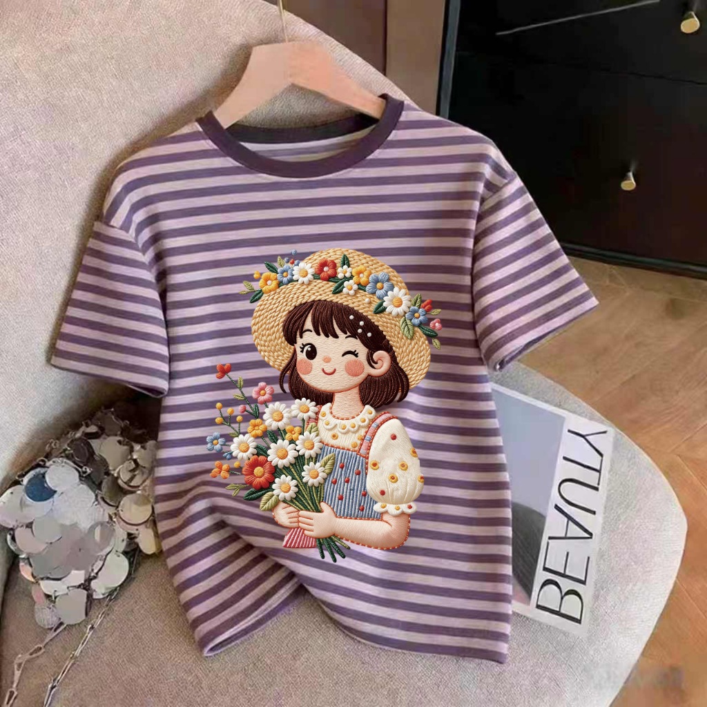 เสื้อยืดคอกลมลายทางสำหรับผู้หญิง สไตล์ฤดูร้อน เสื้อผู้หญิง ลวดลายน่ารัก มี 11 สี ขนาด M-3XL สไตล์สตรีท
