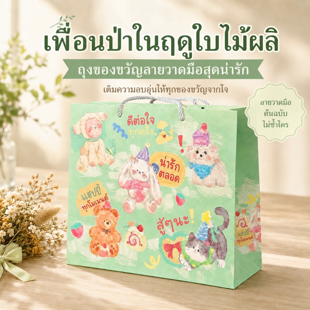 ถุงของขวัญลายสัตว์สีน้ำ สีเขียวมิ้นท์ 4ขนาด กระดาษหนาพิเศษ หูเชือกแข็งแรง ใส่ของขวัญ วันเกิด ของชำร่วย ปาร์ตี้
