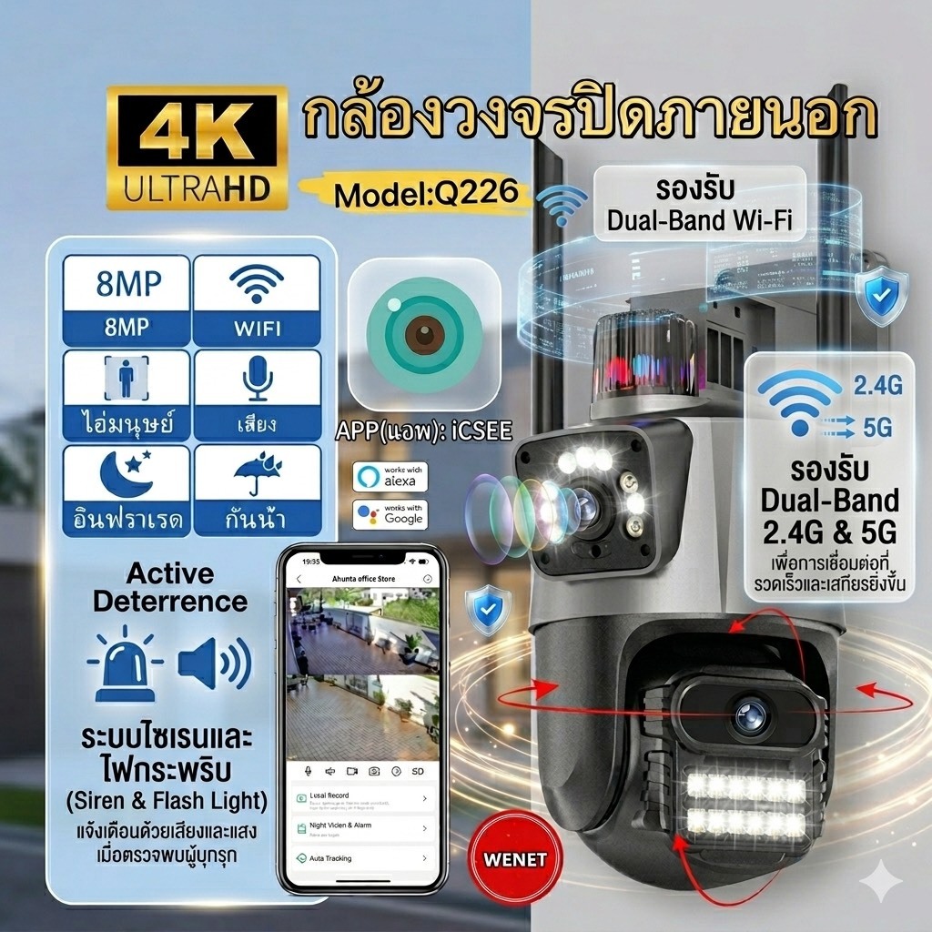 ICSEEรุ่นเลนส์คู่8MP แอป:ICSEE-XMEYE Pro H.265 FHD WiFi  360, ไร้สายกลางแจ้งมือถือเฝ้าระวังคืนวิสัยท