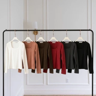 V13-เสื้อยืดคอเหลี่ยม แขนยาว ผ้านุ่มยืด
