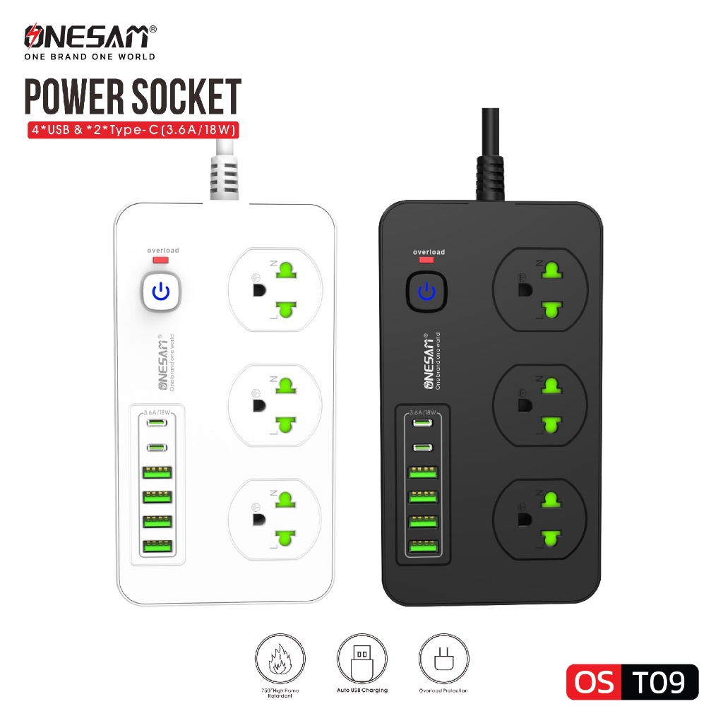ปลั๊กไฟ ONESAM รุ่น T09 เต้ารับ 3 ช่อง 3.6A 2300W-10A PD 2 พอร์ต USB 4 พอร์ต มีสวิตซ์ ยาว 2,5 เมตร(สีดำ,ขาว)