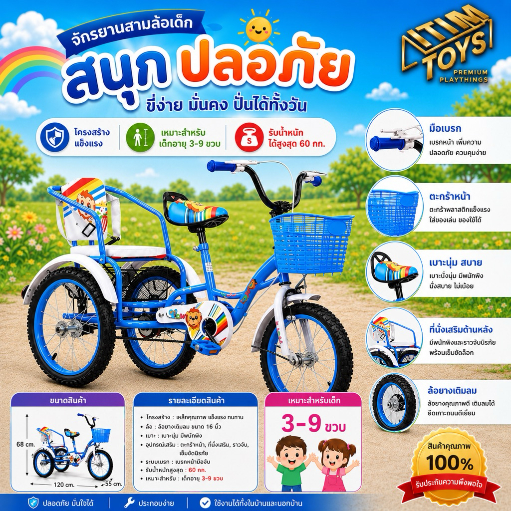 🌟สินค้าขายดี🌟 itimtoys  จักรยาน จักรยาน3ล้อ ปั่น มีที่นั้งซ้อนท้าย สีสันสวยงามมาก ล้อ 16 นิ้ว รุ่น 448-16