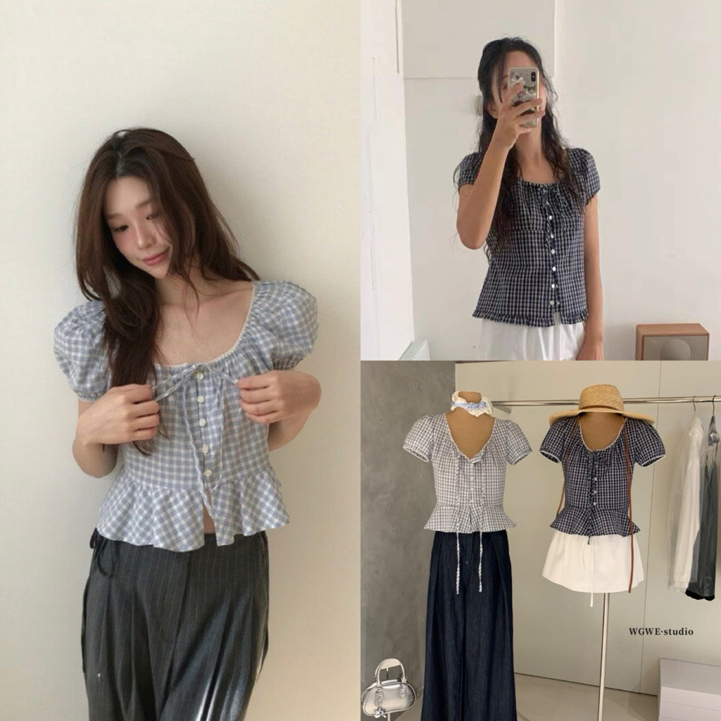 (พร้อมส่ง) เสื้อแขนตุ๊กตาลายสก็อตรุ่น 8911 TAG WG.WE 🇰🇷