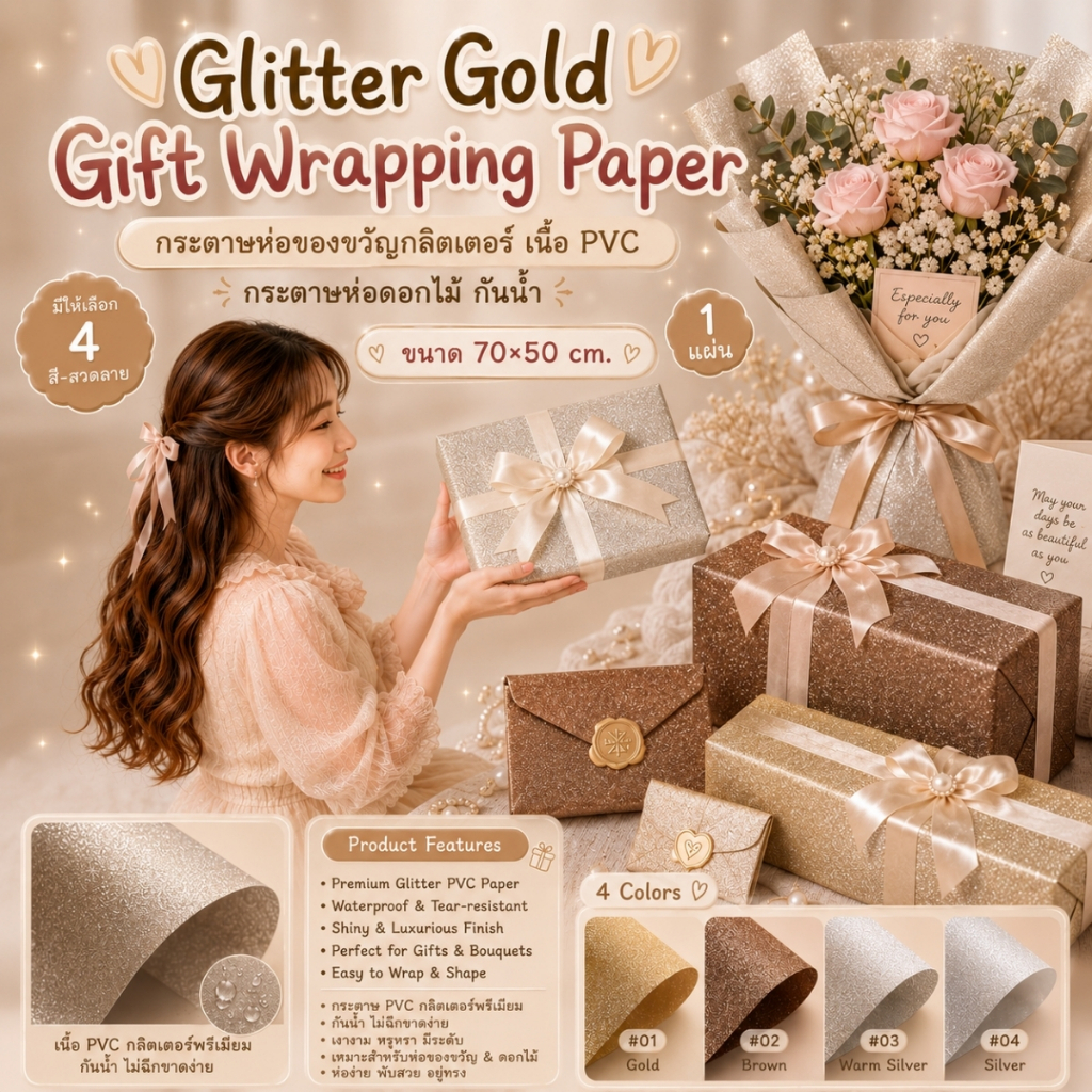 【1 แผ่น】* Glitter Gold Gift Wrapping Paper กระดาษห่อของขวัญกลิตเตอร์ เนื้อ PVC กระดาษห่อดอกไม้ กันน้ำ  ขนาด 70x50 cm.