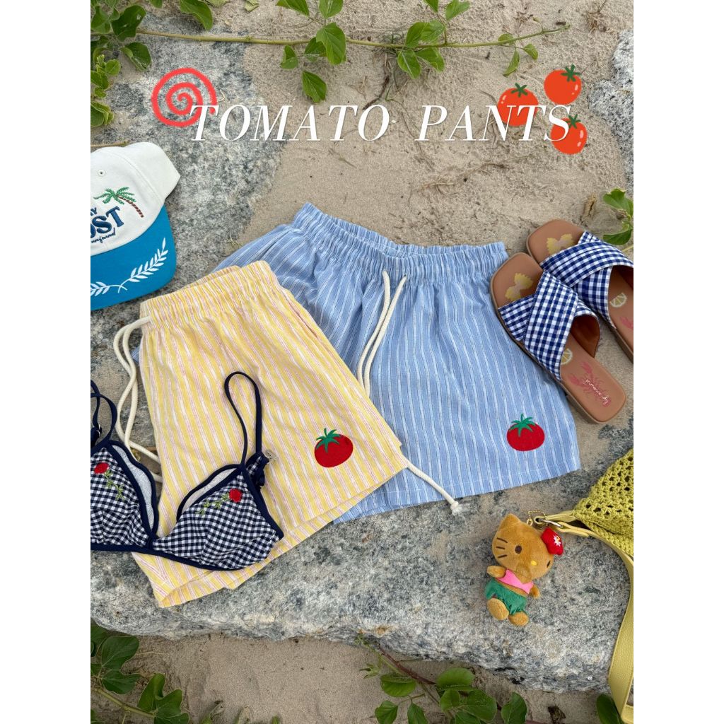 Tomato Short - กางเกงขาสั้นลายริ้ว ดีเทลงานปักมะเขือเทศ (ส่งด่วน)