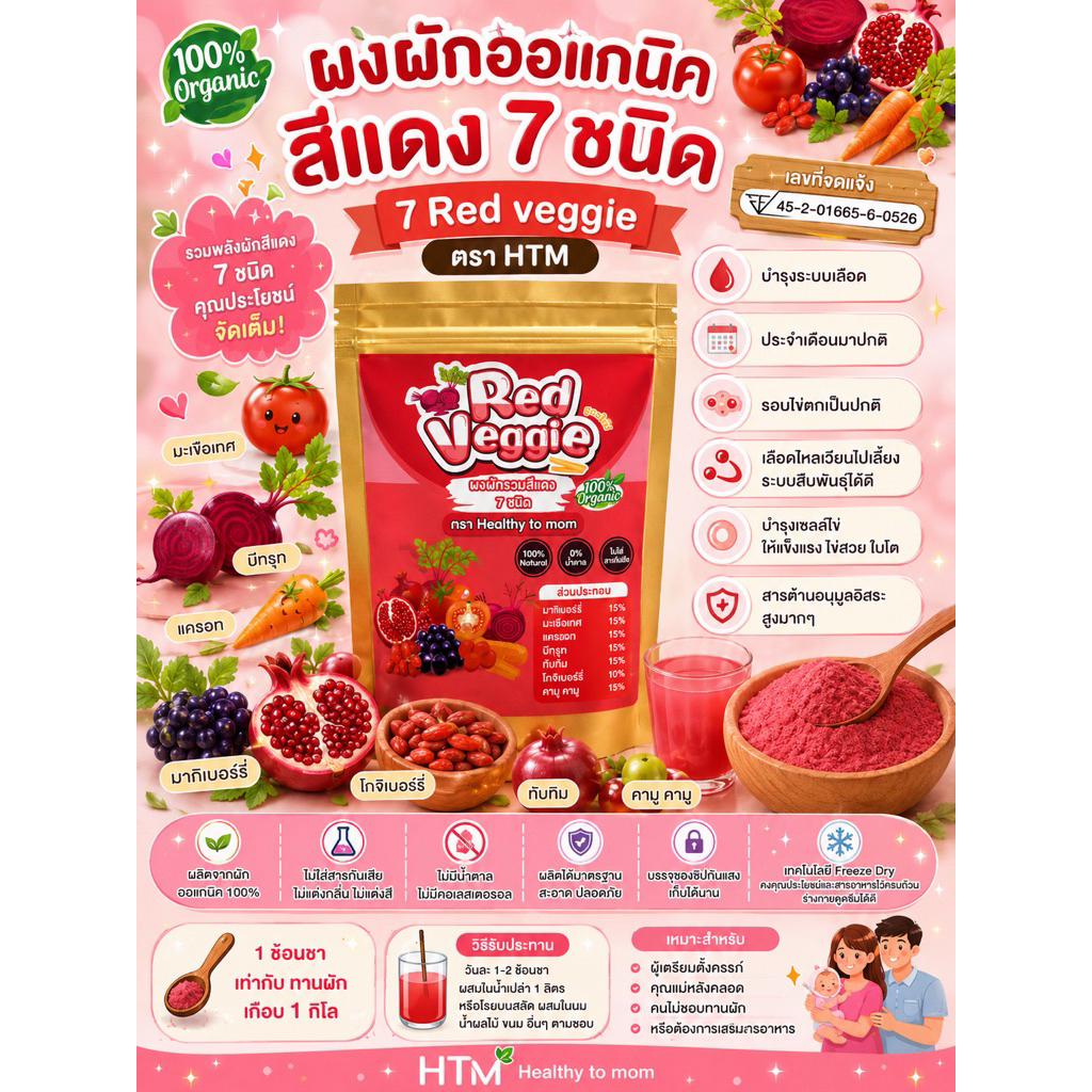 🍓[มีอ.ย]ผงผักสีแดง 7 ชนิด 🍅Organic 100% สูตรเตรียมตั้งครรภ์