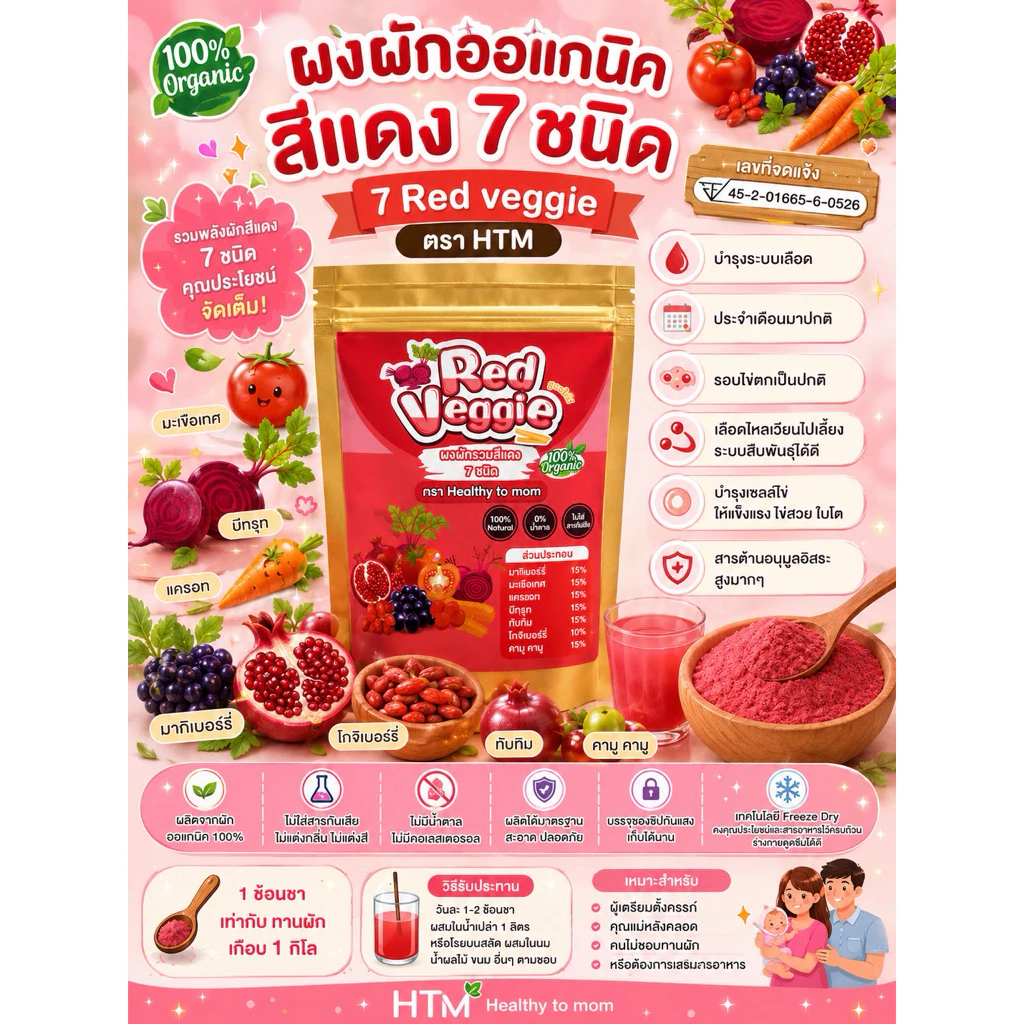 🍓[มีอ.ย]ผงผักสีแดง 7 ชนิด 🍅Organic 100% สูตรเตรียมตั้งครรภ์