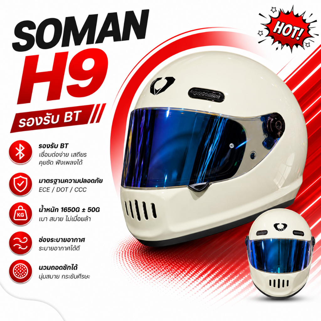 Soman H9 หมวกกันน็อคเต็มใบ สไตล์วินเทจคลาสสิค Retro Style น้ำหนักเบา ดีไซน์เท่ ใส่สบาย