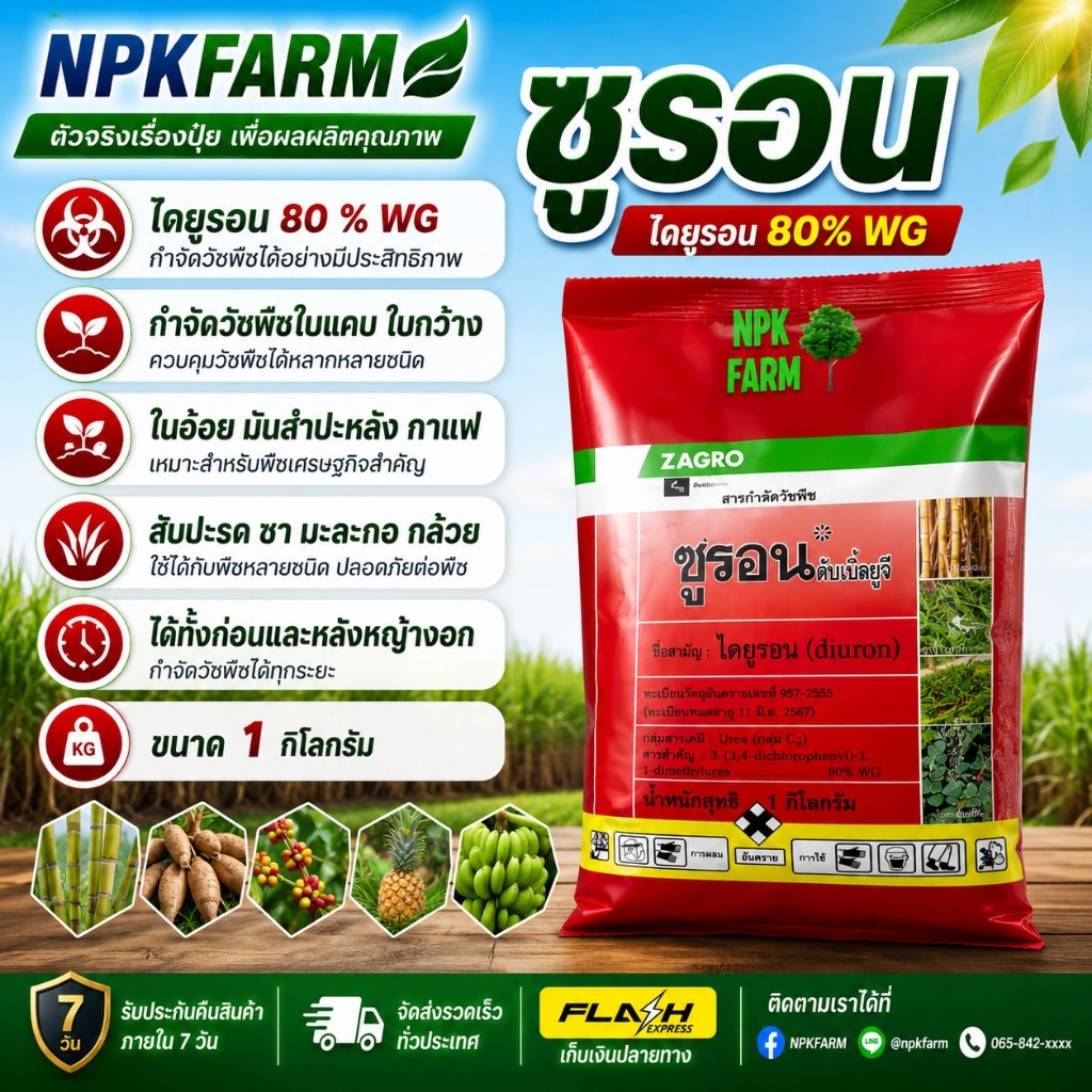 Zagro ซูรอน 80% WG ขนาด 1 กิโลกรัม ไดยูรอน แบบเม็ด ละลายน้ำดีกว่า ไม่อุดตันหัวฉีด คุม-ฆ่า หญ้าในอ้อย